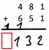 Schriftliche Rechnung der Aufgabe „481 plus 651 = 132“. Übertrag bei den Hundertern und den Tausendern.