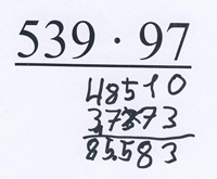 Schriftliche Rechnung der Aufgabe“539 mal 97“ von Ibrahim. Darunter: „48510“, stellengerecht darunter „37373“. Ergebnis: „85583“.