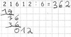 Schülerdokument von Chantal: Schriftliche Rechnung der Aufgabe „21612 geteilt durch 6“. Unter der Aufgabe stellengerecht versetzt: „18“, „36“, „36“, „012“. Ergebnis: „362“.