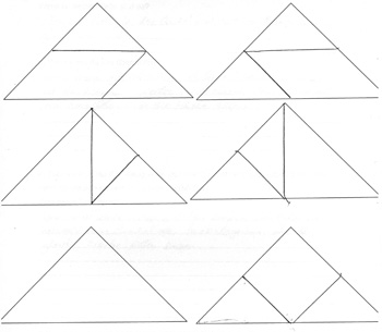 Schülerdokument von Fünftklässler Nikolas: 6 Dreiecke, in die jeweils verschiedene Tangramteile eingezeichnet wurden. Dabei bilden 2 Dreiecke nebeneinander jeweils  die Spiegelung ab. Darunter: „Warum sind das alle Möglichkeiten? Mehr Möglichkeiten gibt es nicht, da mit diesen Teilen keine anderen Möglichkeiten legbar sind. Erste Möglichkeit: mit dem großen Dreieck kann man das Feld komplett ausfüllen und es ist nicht spiegelbar. Zweite und dritte Möglichkeit: mittleres Dreieck ergänzbar mit den beiden kleinen Dreiecken, spiegelbar. Vierte Möglichkeit: Quadrat ergänzbar mit den kleinen Dreiecken, nicht spiegelbar. Die vierte und fünfte Möglichkeit sind mit dem Parallelogramm und den beiden kleinen Dreiecken zu lösen.“