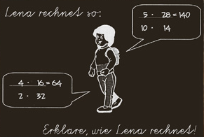 Aufgabenausschnitt „Lena rechnet so“. Sprechblase mit der Aufgabe „4 mal 16“: „2 mal 32. 4 mal 16 = 64“. Sprechblase mit der Aufgabe „5 mal 28“: „10 mal 14. 5 mal 28 = 140“.