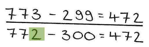 Halbschriftliche Rechnung der Aufgabe 773 minus 229:  „772 minus 300 = 472“.