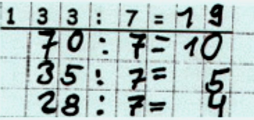 Halbschriftliche Rechnung der Aufgabe „133 geteilt durch 7“. „70 geteilt durch 7 = 10. 35 geteilt durch 7 = 5. 28 geteilt durch 7 = 4. 133 geteilt durch 7 = 19“.