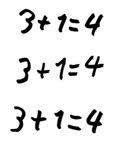 Schülerdokument von Karola: „3 plus 1 = 4, 3 plus 1 = 4, 3 plus 1 = 4.“