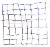 Schülerdokument von Salim: Zeichnung zur Tabelle. Gezeichnet wurde ein Quadrat mit 7 mal 7 Kästchen. 5 mal 5 Kästchen unten links sind schwarz gemalt, die anderen Reihen blau.