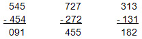 Beispielaufgaben in schriftlicher Subtraktion: „545 minus 454 = 091“, „727 minus 272 = 455“, „313 minus 131 = 182“.