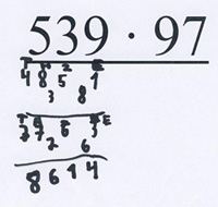 Schriftliche Rechnung der Aufgabe „539 mal 97“ von Kevin. Darunter „4851“, „7763“ und „8614“.