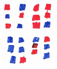 Schülerdokument zur Dokumentation von dreistöckigen Türmen aus roten und blauen Steinen und zweistöckigen Türmen aus roten, blauen und gelben Steinen mit verschiedenen Farben gezeichnet.