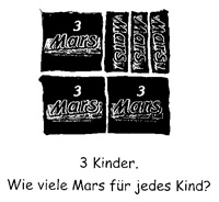 Abbildung von 3 Packungen mit jeweils 3 Marsriegeln und 3 einzelnen Marsriegeln. Darunter: „3 Kinder. Wie viele Mars für jedes Kind?“