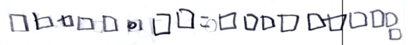 Schülerlösung von Dominik: Zeichnung von 5 Quadraten, Malzeichen, Zeichnung von 2 Quadraten, Gleichzeichen, Zeichnung von 10 Quadraten.