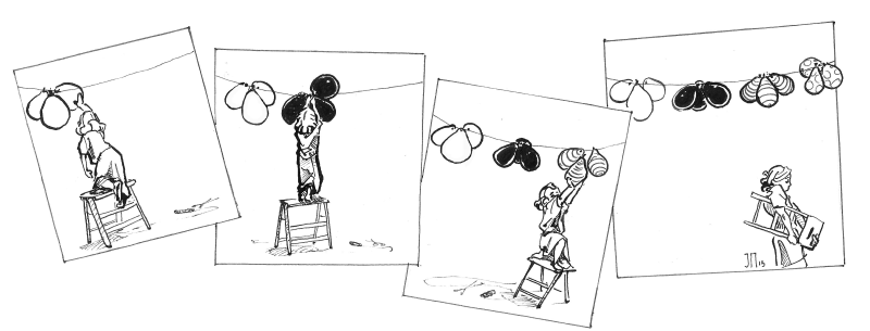 Bilderfolge von 4 Bildern: Erstens: Eine Frau hängt 3 weiße Ballons an eine Wäscheleine. Zweitens: Die Frau hängt 3 schwarze Ballons dazu. Drittens: Die Frau hängt 3 gestreifte Ballons an die Leine. Viertens: Die Frau hängt 3 gepunktete Ballons dazu und geht.