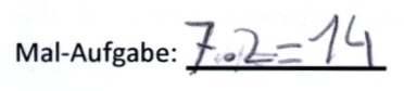 Schülerlösung von Clark: „7 mal 2 = 14“.