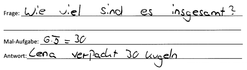 Schülerdokument: Frage: „Wie viele sind es insgesamt?“. Mal-Aufgabe: „6 mal 5 = 30“. Antwort: „Lena verpackt 30 Kugeln.“