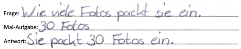 Schülerdokument: Frage: „Wie viele Fotos packt sie ein?“. Mal-Aufgabe: „30 Fotos“. Antwort: „Sie packt 30 Fotos ein.“