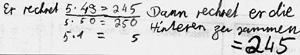 Schülerdokument von Diana: „Er rechnet 5 mal 50 = 250. 5 mal 1 = 5. 5 mal 49 = 245. Dann rechnet der die hinteren zusammen = 245.“