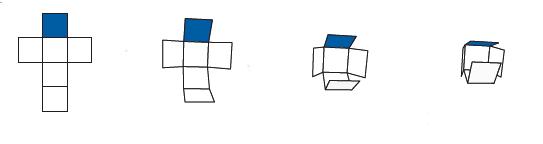 Abbildung von dem Vorgang, aus einem kreuzförmigen Würfelnetz einen Würfel zu falten. Dabei wurden 4 Schritte abgebildet. Das obere Quadrat des Würfelnetzes ist blau.