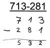 Schülerlösung von Bea: Schriftliche Rechnung der Aufgabe „713 minus 281“. „713 minus 281 = 532“. Alle Ziffern stellengerecht untereinander.