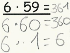 Halbschriftliche Rechnung der Aufgabe „6 mal 59“ von Dennis. „6 mal 60 = 360. 6 mal 1 = 6. 6 mal 59 = 361“.