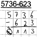 Schülerlösung von Jessica: Schriftliche Rechnung der Aufgabe „5736 minus 623“. „5736 minus 623 = 113“. Die Ziffern stehen stellengerecht untereinander.