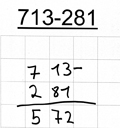 Schülerlösung von Metin: Schriftliche Rechnung der Aufgabe „713 minus 281“. „713 minus 281 = 572“. Die Ziffern stehen stellengerecht untereinander.