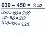Halbschriftliche Rechnung der Aufgabe 630 minus 450: von Mourice: „600 minus 400 = 200, 30 minus 50 = 20, 630 minus 450 = 220“.