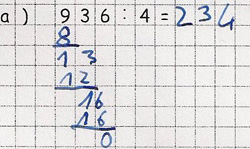 Schülerdokument von Josef: Schriftliche Rechnung der Aufgabe „936 geteilt durch 4“. Unter der Aufgabe stellengerecht versetzt: „8“, „13“, „12“, „16“, „16“, „0“. Ergebnis: „234“.
