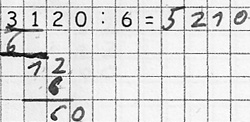 Schülerdokument von Sören: Schriftliche Rechnung der Aufgabe „3120 geteilt durch 6“. Unter der Aufgabe stellengerecht versetzt: „6“, „12“, „6“, „60“. Ergebnis: „5210“.