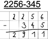 Schülerlösung von Simon: Schriftliche Rechnung der Aufgabe „2256 minus 345“. „2256 minus 345 = 2911“. Die Ziffern stehen stellengerecht untereinander.