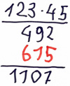 Schriftliche Rechnung: „123 mal 45“. Darunter: „492“ und „615“. Ergebnis: „1107“.