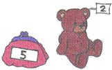 Abbildung eines Portemonnaies auf dem eine 5 steht. Daneben ein Teddybär mit einem Schild auf dem 2 steht.